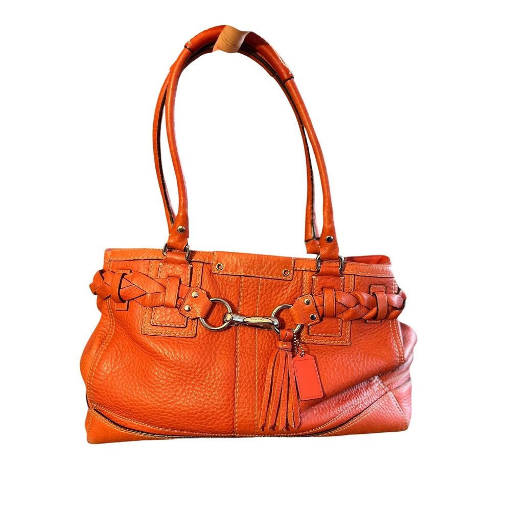 Orange Leather Tote Shoulder Bag with Braided Detail